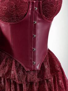 Amplova Boho Style Low-Cut PU & Lace Patchwork Waist A-Line Flowy Mini Dress - Burgundy - View 8