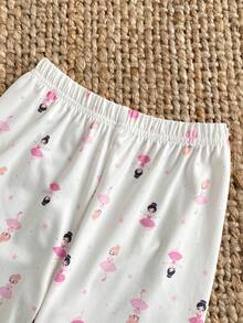 Young Girls Pajamas-2 Piece Pajama Set Round Neck LongSleeve LongPants TwoPiece Ruffle Collar Elastic Cuffs Ruffle Hem AllOver Ballerina Print White Pink Black Cozy Versatile Sleepwear Bedtime Sleepovers Holiday Gift FourSeasons 2026 NewYear MustHave Girls Pajama Set Kids Pajama Set Ballet Pajama Set - Beige - View 3