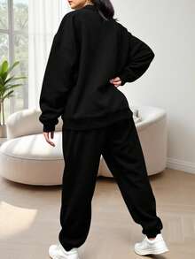 Maweii 2 Pieces Plus Size Casual Letter Print Sweatshirt And Pants Set - Black - View 2