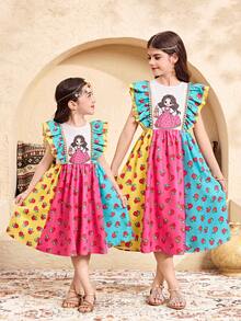 SHEIN Tween Girl Pink Floral Summer Boho Birthday Vacation Color Block Patchwork Square Collar Long Sleeve Dress Arabic Jalabiya Abaya Dress For Girls - Multicolor - View 5