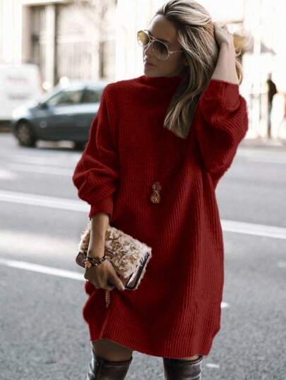 EMERY ROSE Solid Color Loose Long Sleeve Knit Casual Sweater Dress