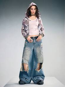 ROMWE Grunge Punk Quần jean ống rộng rách rách phong cách Punk dành cho cả nam và nữ - Màu xanh lam - Xem 2