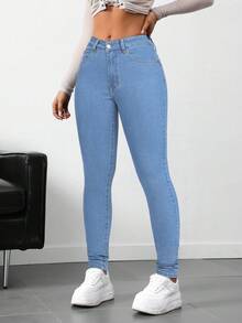 SHEIN Tall 高个女式弹力水洗牛仔紧身牛仔裤 - 淺色水洗藍 - 查看 4