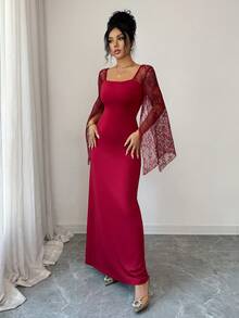 SHEIN Elenzya Váy dài tay loe ren thắt eo cho nữ, thanh lịch khi đi làm hàng ngày, thời trang, ngày lễ, phong cách đường phố Pháp, đa năng, thích hợp cho ngày lễ tình nhân, hẹn hò, tiệc tùng, năm mới, màu đỏ tía, đầu xuân/thu đông, váy dài tay mới về - Đỏ - Xem 4