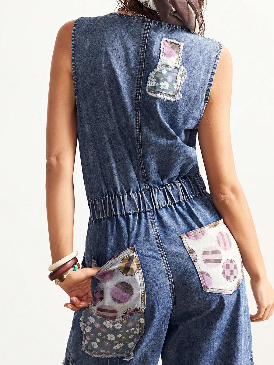 Bohemela 波西米亚风休闲度假风拼接U领破洞牛仔连体裤，女士春夏款 - 藍色 - 查看 1