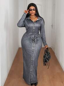 Maweii Plus Size Fashionable Long Sleeve Cinched Waist Slit Bodycon Dress - Black - View 3