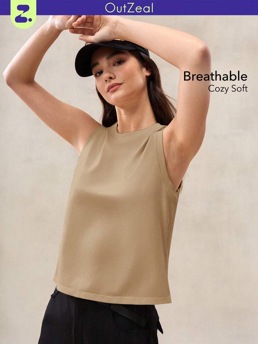OutZeal 女士运动背心 日常健身上衣 夏季柔软莫代尔混纺弹力弧形下摆 - 杏色 - 查看 1