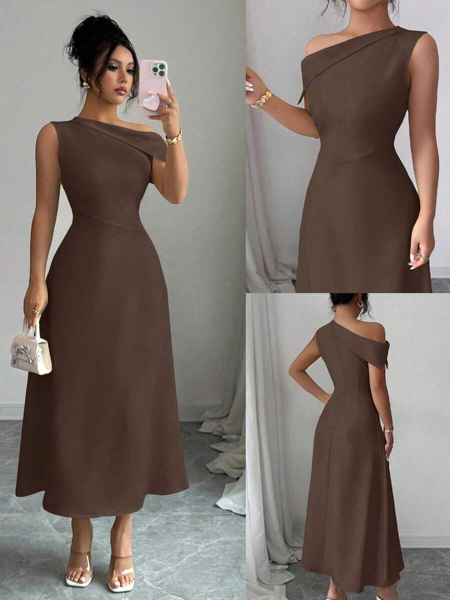 Modelyn Women's Yellow Asymmetrical Shoulder Ruched Waist Elegant Dress - Brown - View 1