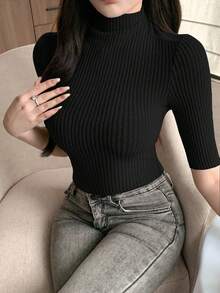 DAZY Áo crop top chải kỹ, áo thun cổ lọ tay ngắn cho nữ - màu đen - Xem 5