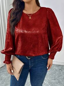 SHEIN LUNE Áo cánh tay bồng cổ tròn họa tiết lá kim loại - Màu Đỏ Sâu - Xem 7