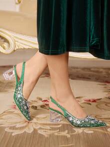 CUCCOO TILAWA Giày cao gót mũi nhọn đính đá thời trang dự tiệc thanh lịch dành cho nữ - màu xanh lá - Xem 5