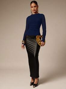 Silquee Áo thun nữ tay dài màu trơn, dáng ôm, thời trang, đa năng - Màu xanh hải quân - Xem 6