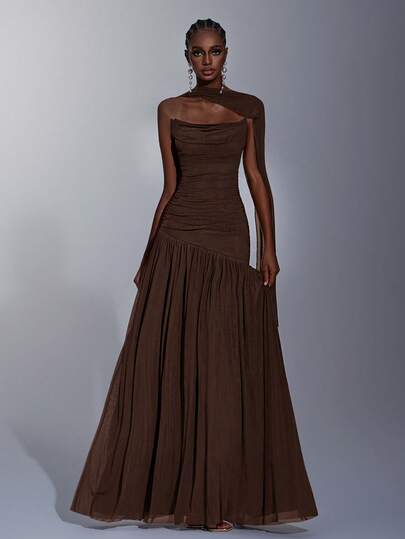 Elitara Elegant Wine Red Minimalist High-Elastic Mesh Strapless Ruched Waist A-Line Dress, Suitable For Dates, Singles Parties, Weddings, Formal Events