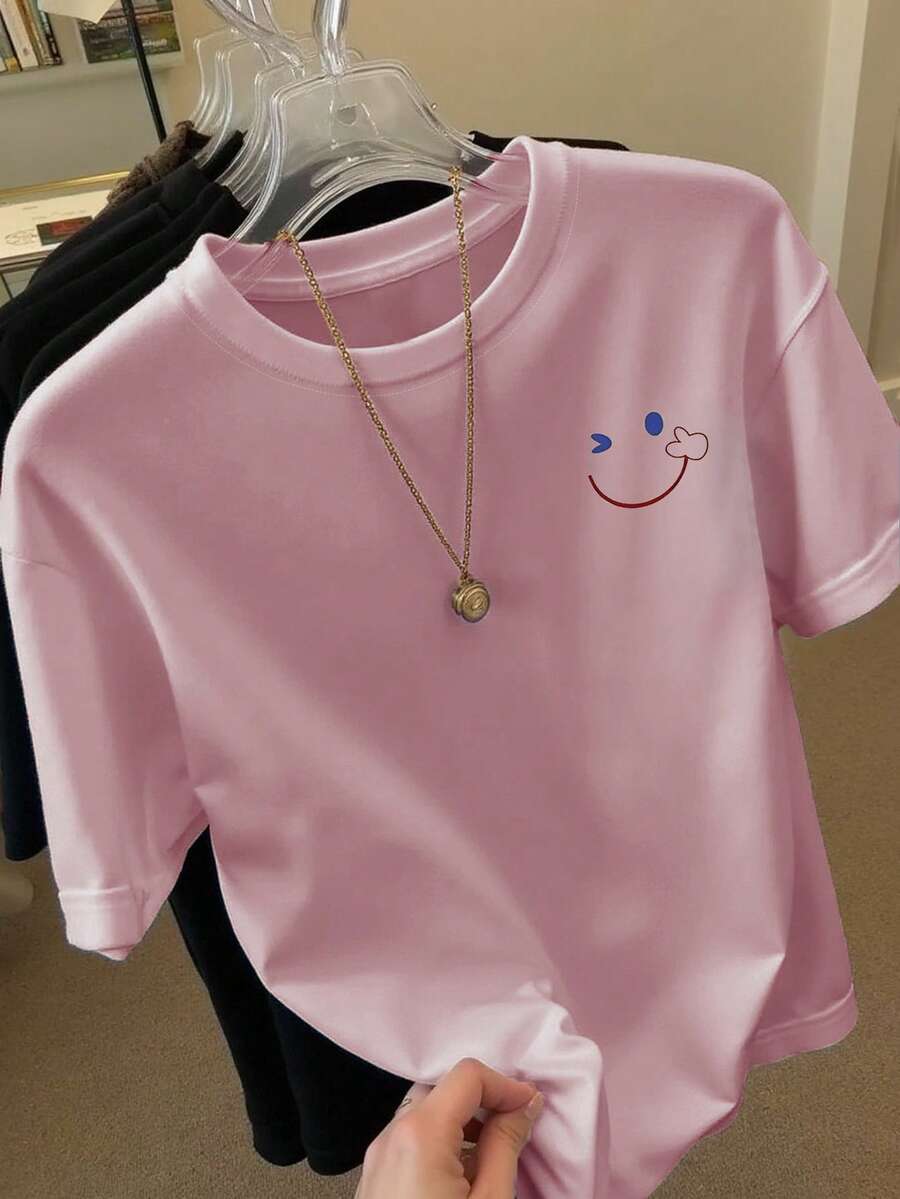 SHEIN 女士休闲圆领短袖T恤，带笑脸印花，夏季 - 藕粉色 - 查看 1