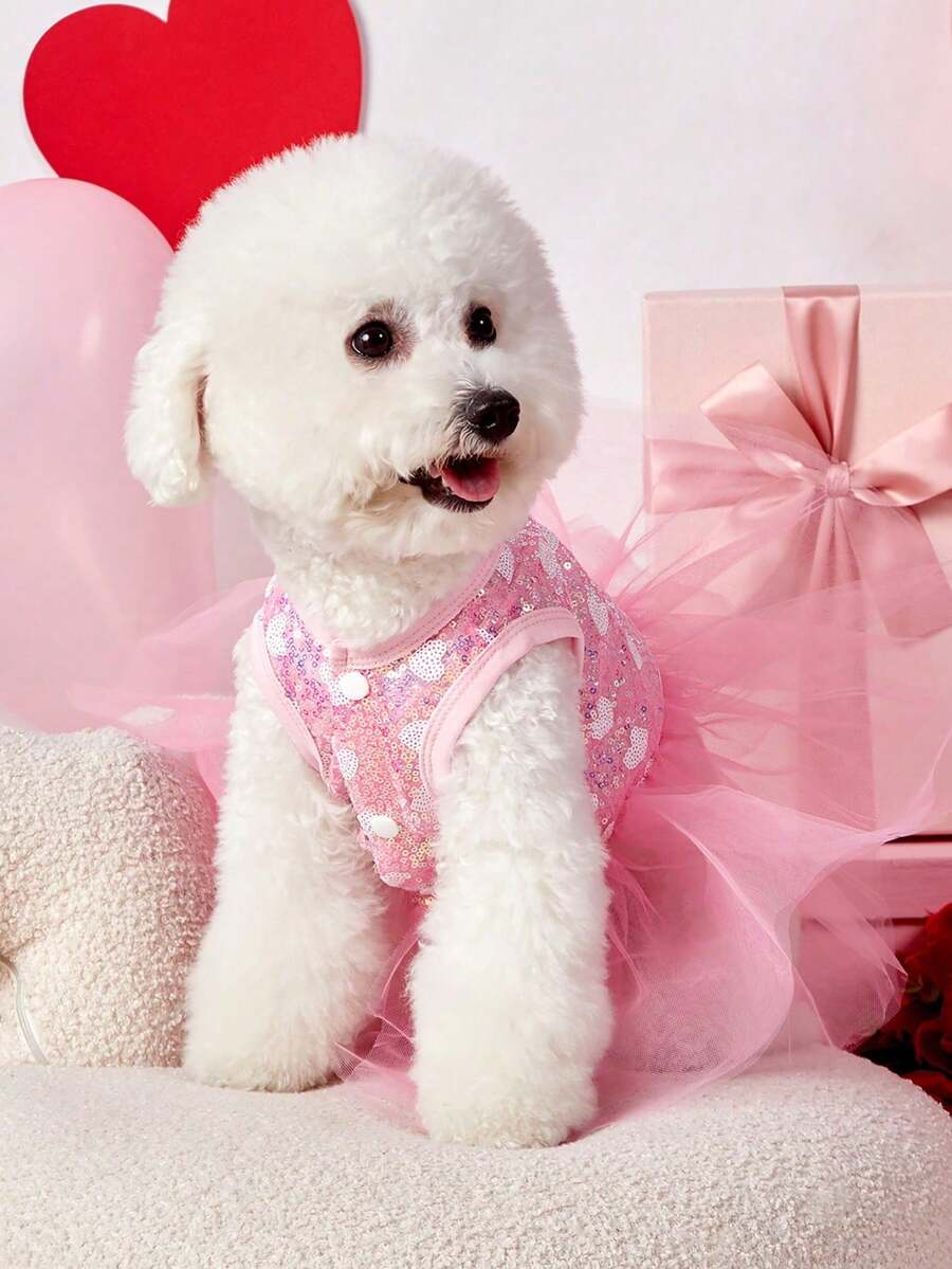PETSIN 1pc Pet Universal Valentine's Day Pink Heart Sequin & Mesh Material Patchwork Luxury Princess Dress For Dogs - Multicolor - View 1