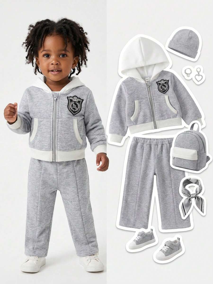 SHEIN Conjunto infantil feminino estilo universitário casual de 2 peças, composto por jaqueta cinza de manga comprida com chapéu branco e detalhe no peito, e calça cinza. Ideal para uso diário e casual na primavera e no outono. - Cinza - Ver 1