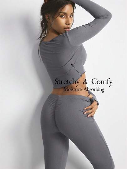 Ocili Women's Solid Color Long Sleeve Round Neck Fitted Crop Top & Pants Casual Lounge Set, Winter Clothes