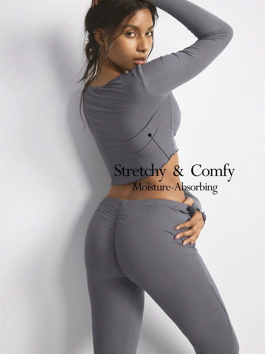 Ocili Women's Solid Color Long Sleeve Round Neck Fitted Crop Top & Pants Casual Lounge Set, Winter Clothes - Grey - View 1