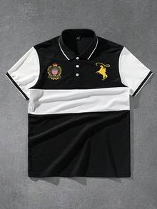 Manfinity Homme 男士骑士印花短袖休闲通勤 Polo 衫 学院风图案 Polo 衫 男士 T 领 T 恤 男士 Polo 衫 男士高尔夫球衫 橄榄球衫 Polo 衫 - 黑與白 - 查看 1