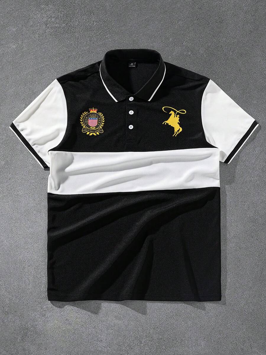 Manfinity Homme 男士骑士印花短袖休闲通勤 Polo 衫 学院风图案 Polo 衫 男士 T 领 T 恤 男士 Polo 衫 男士高尔夫球衫 橄榄球衫 Polo 衫 - 黑與白 - 查看 1