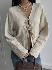 Livesso Women's Loose Casual Vacation Style Fashion Street Tie-Up Long Sleeve Shirt, Suitable For Autumn & Spring - Apricot - View 1