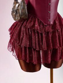 Amplova Boho Style Low-Cut PU & Lace Patchwork Waist A-Line Flowy Mini Dress - Burgundy - View 5