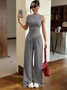 Muchica 2pcs Women Solid Color Asymmetric Hem Knit Top And Pants Set,Business Casual Woman,Summer Sets - Grey - View 4