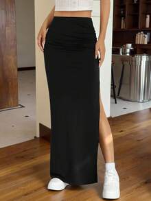 SHEIN EZwear 夏季穿搭纯色开衩大腿褶皱细节中长裙