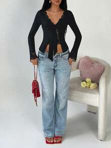 SHEIN TRNDY Women's 2 In 1 Bow Knot Long Sleeve T-Shirt, Sexy V-Neck Lace Undershirt, Autumn/Winter - Black - View 3