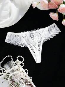 Floral Lace Thong, Sexy Lingerie, Bridal Lingerie - White - View 2