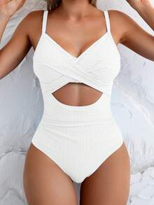 Swim Basics Đồ bơi một mảnh hở lưng, sọc gợi cảm cho nữ, mùa hè - trắng - Xem 3
