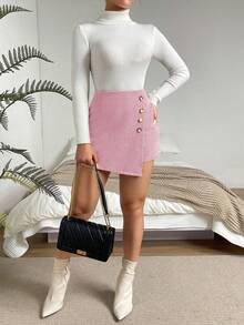 Chiquease Falda pantalón de mujer de unicolor minimalista con decoración de botones para uso diario - Rosa Pálido - Ver 6