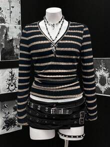 Sunspun Áo thun tay dài cổ chữ V gân gợi cảm cỡ lớn dành cho nữ, trang phục dạo phố thường ngày đa năng cho ngày lễ, áo chui đầu gân cổ điển - Nhiều màu - Xem 1