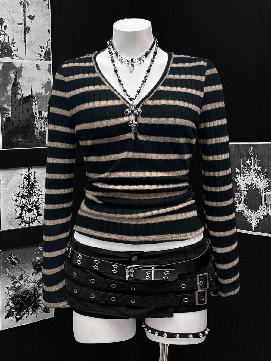 Sunspun Áo thun tay dài cổ chữ V gân gợi cảm cỡ lớn dành cho nữ, trang phục dạo phố thường ngày đa năng cho ngày lễ, áo chui đầu gân cổ điển - Nhiều màu - Xem 1