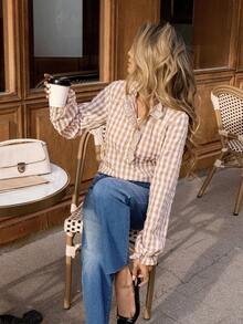 Pariaura French Style Ruffled Collar Plaid Women Shirt - Khaki - View 1