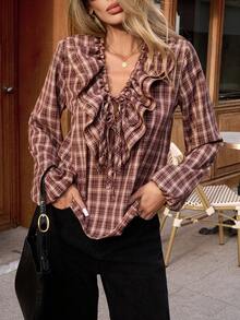 Franclia French Style Ruffled Plaid Blouse For Women - Coffee Brown - View 3