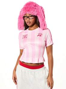 SUMWON WOMEN Striped Shirred Football Jersey Crop Top With Short Sleeves And Crew Neck Athletic Number Print - Pink - View 1