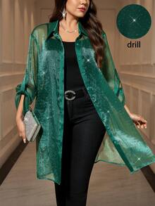 SHEIN Clasi 大码优雅派对水钻装饰薄纱中长款女式衬衫，绿色波点领长袖飘逸雪纺外套，适合秋季、冬季、夜间外出、休闲场合，尽显老钱风范，适合多种场合，如万圣节、返校节、圣诞节、商务休闲等。 - 墨綠色 - 查看 4