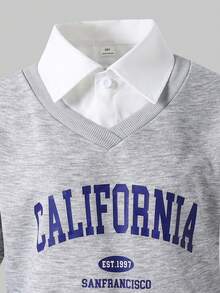 SHEIN ChillGRL 2pcs/Set Tween Girl Casual Loose Shirt Collar 2 In 1 Long Sleeve T-Shirt, Knit Top And Simple Versatile Wide Leg Straight Pants, Suitable For Back To School And Daily Wear, Spring/Autumn - Grey - View 5