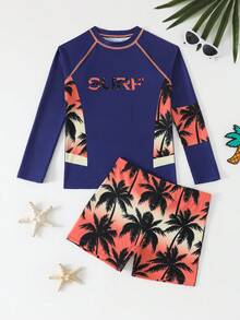 SHEIN 男童字母植物印花圆领长袖上衣和松紧腰短裤沙滩泳衣套装 - 彩色 - 查看 2