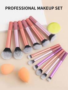 12pcs Multi-Functional Super Soft Makeup Brush Set + Slant & Drop-Shaped Beauty Sponge + 1pc Round/Drop-Shaped Powder Puff For Quick Makeup Application, Beauty Tools - Multicolor - View 5