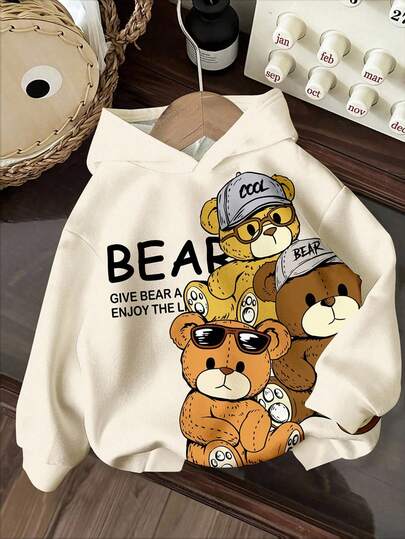 Young Boys Casual Minimalist Fashion, Warm & Comfortable, Classic Cartoon Bear Pattern, Cute Style, Collegiate Style, Loose Fit Cozy Daily Wear Knit Long Sleeve Sweatshirt, Suitable For Autumn/Winter