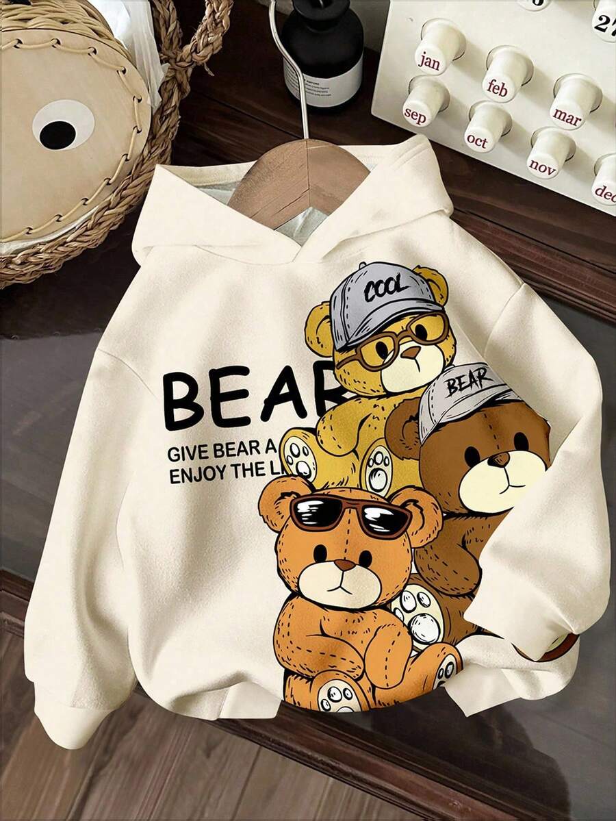 Young Boys Casual Minimalist Cartoon Bear Pattern Knit Long Sleeve Sweatshirt,Cozy Loose Fit Warm Winter School Back-To-School Collegiate Style Top - Multicolor - View 1