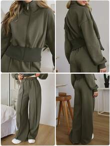 EURMUSE 女士舒适两件套家居服，配有双面拉链 - 軍綠色 - 查看 9