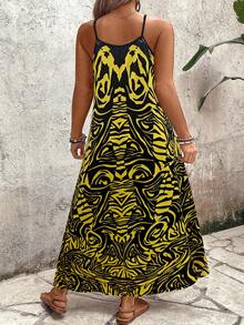 Breezaya Plus Size Women's Vintage Bohemian Style Yellow & Black Abstract Print V-Neck Maxi Dress, Loose Fit Beach & Casual Wear Summer New Arrival Casual Maxi Dress Maxi Dress Women Yellow Sundress Women Yellow Maxi Dress Maxi Vacation Dress - Multicolor - View 2