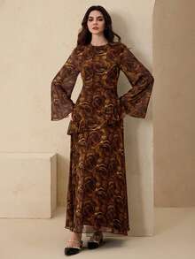 Graceveil 优雅印花雪纺连衣裙，圆领系腰设计，女士款 - 咖啡 - 查看 7