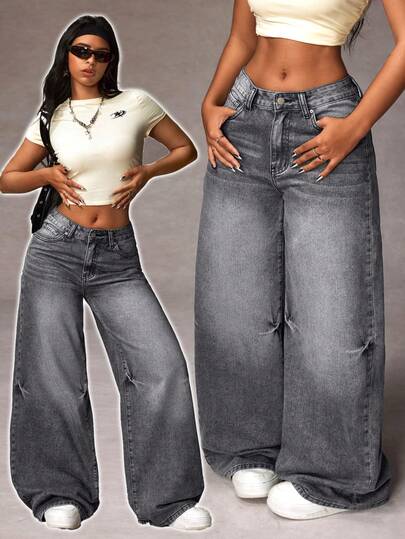 Jeanoix 大码女式口袋纽扣休闲百搭通勤阔腿牛仔裤