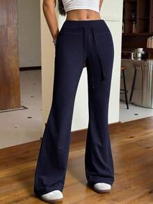 SHEIN EZwear Drawstring Waist Flare Leg Sweatpants - Navy Blue - View 5