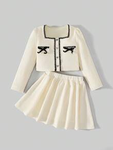 Ontre Ensemble veste à volants en patchwork et jupe plissée pour préadolescentes - Blanc - Voir 3