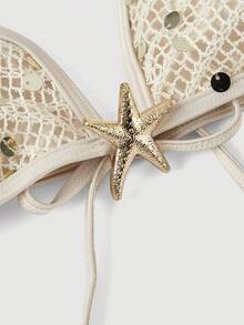 SHEIN MOD 女士亮片装饰挂脖系带泳衣套装 - 杏色 - 查看 6